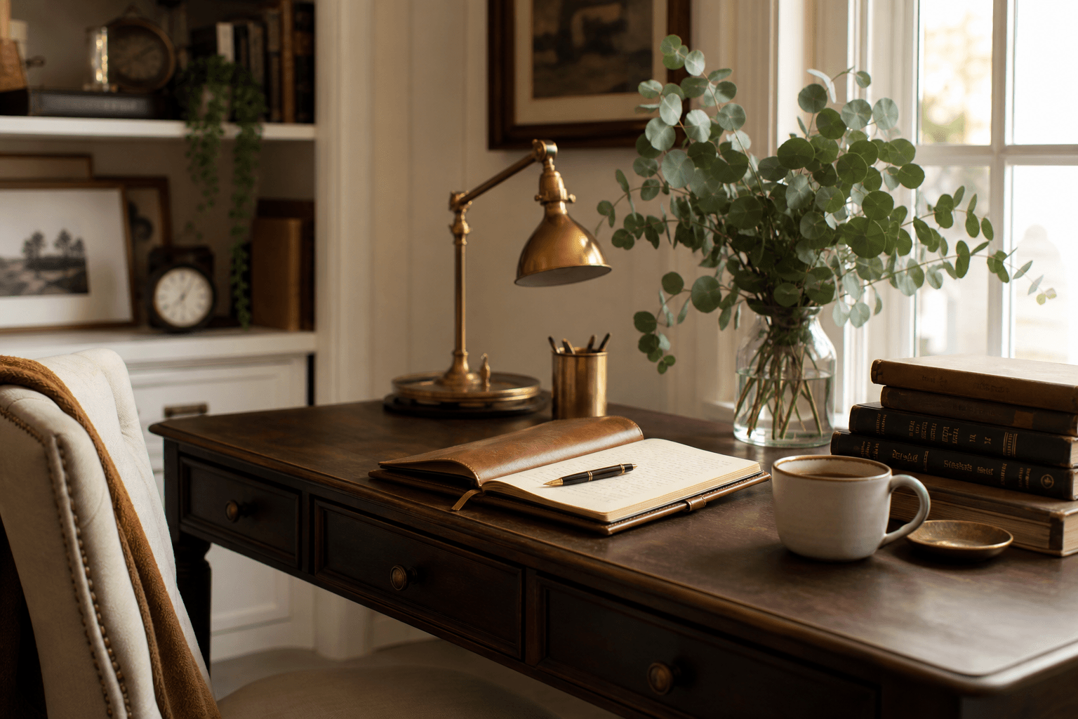 A warm, sunlit writing desk with a brass lamp, books, and fresh greenery