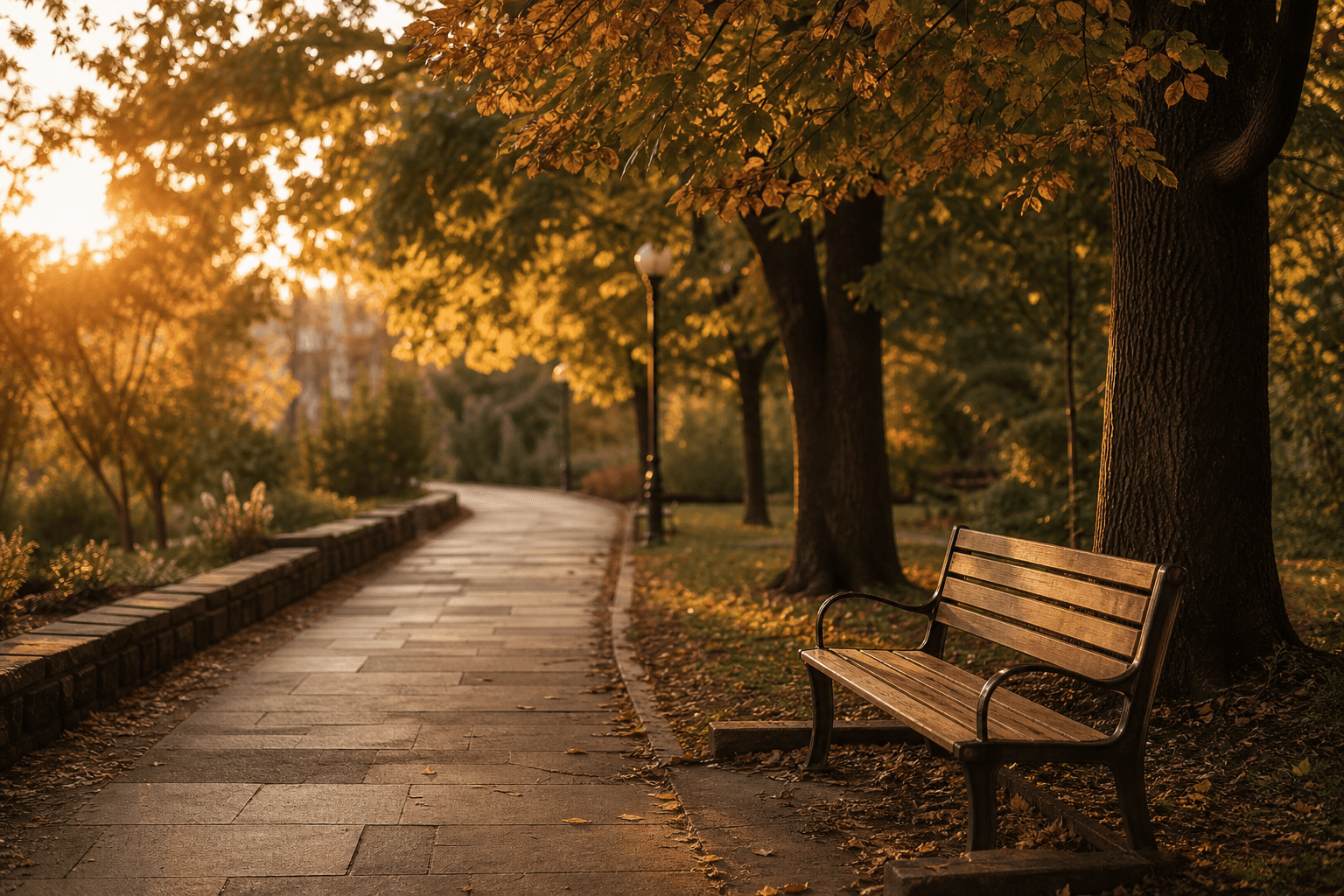 A quiet tree-lined walking path at golden hour