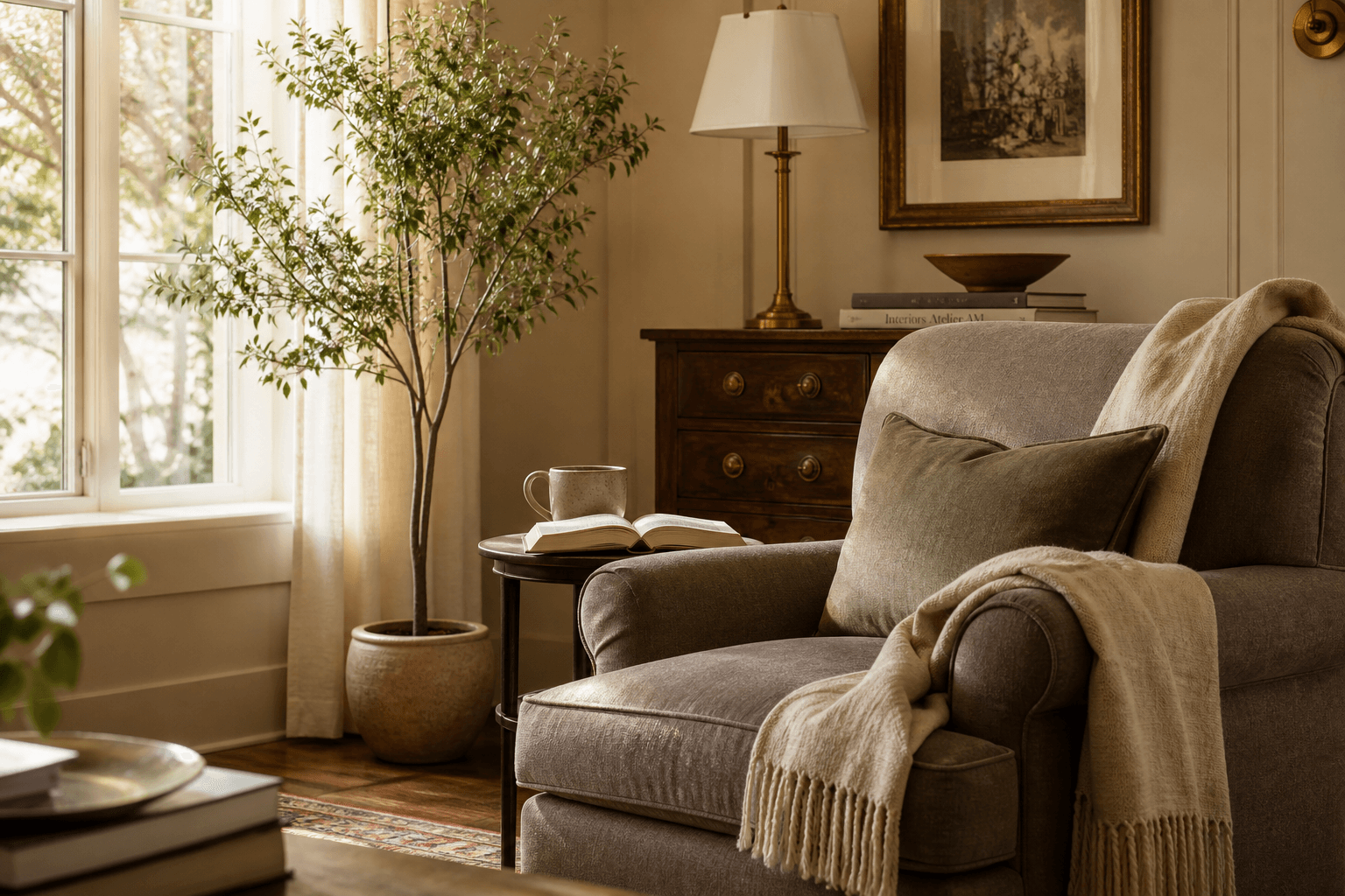 A sunlit, calm living room with a comfortable armchair by a window